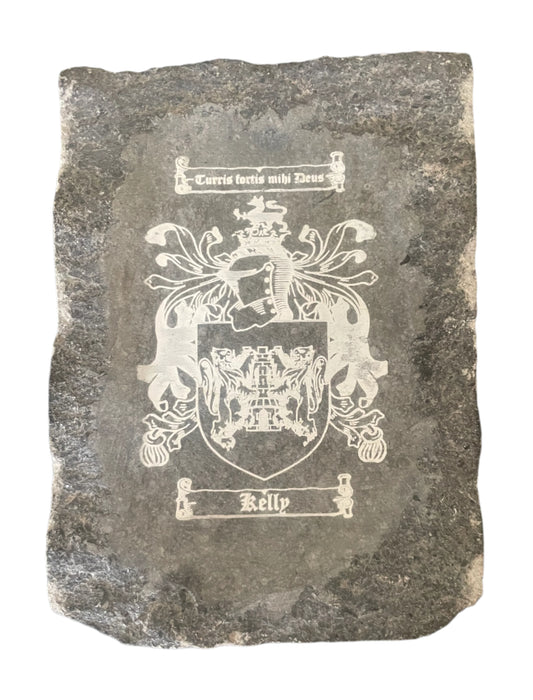 Hand-engraved limestone house sign with Celtic design family crest